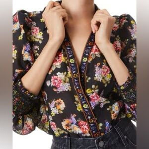 Alice + Olivia Black Floral Long Sleeve Semi-Sheer Blouse
